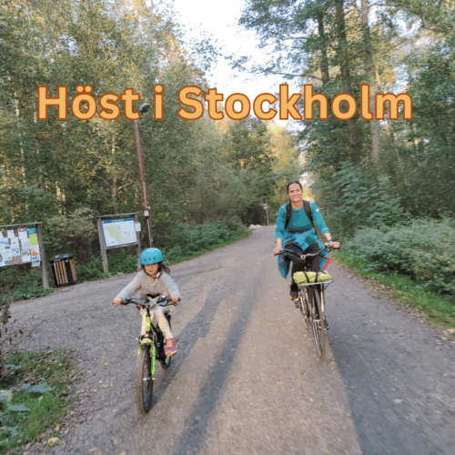 mamma och dotter cyklar i skogen